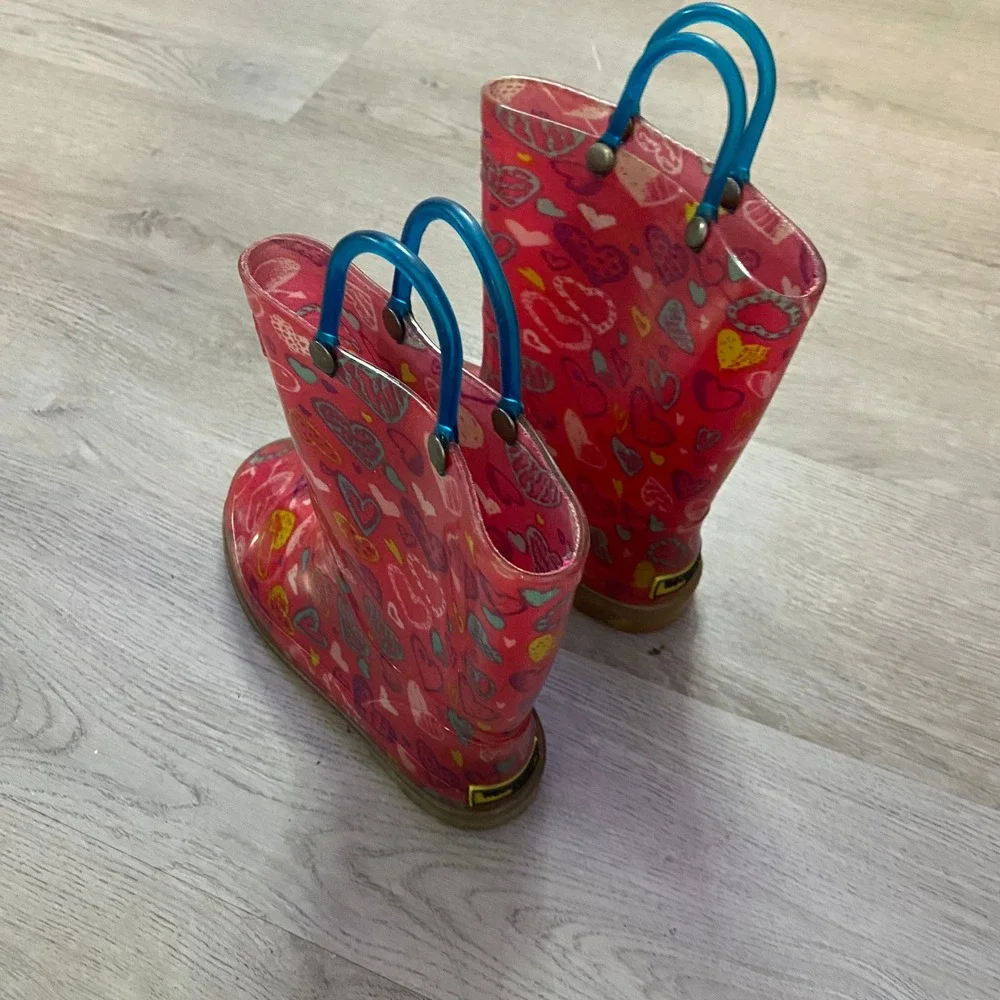 Western Chief Rain Boots Kids Size 11/12 Pink Heart Print Glitter Sole Pull On